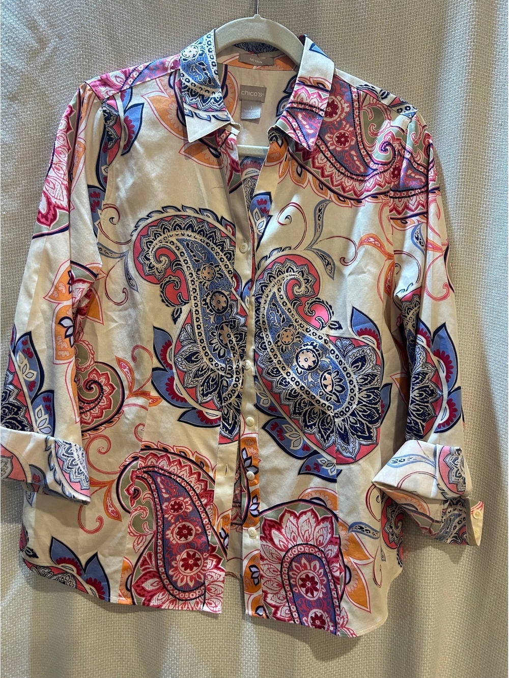 Chico's Women's Paisley Print Button-Up Shirt Size 1, No Iron